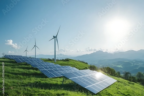 Wind turbines and solar panels harnessing energy on a sunny hillside photo