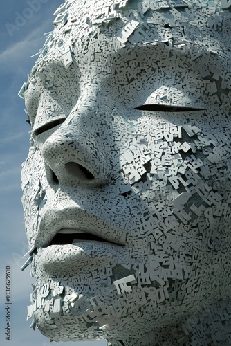 Abstract sculpture of a face made from letters, against a blue sky.