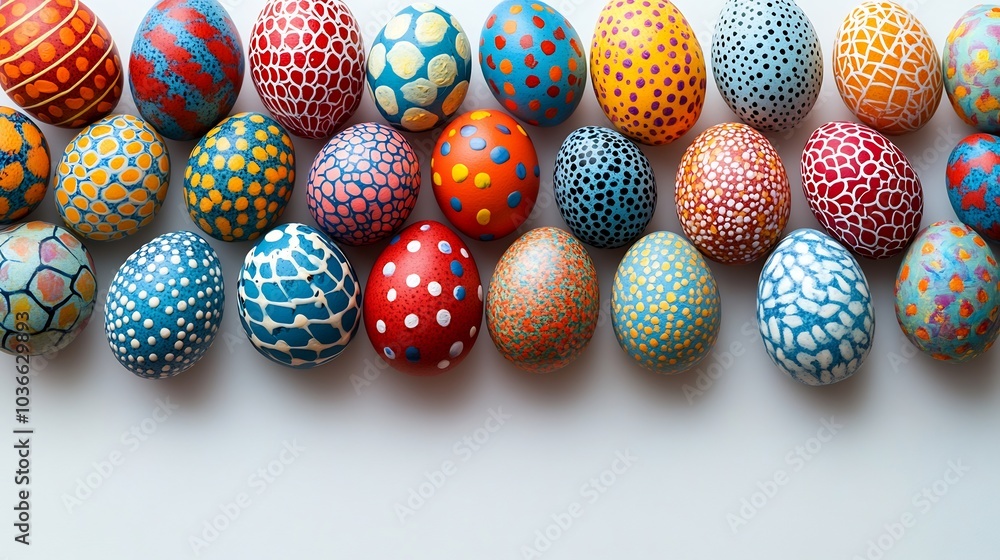 Bright and clean white background with a collection of vibrant handmade Easter eggs each uniquely decorated in colorful patterns creating a visually striking minimalist Easter display Bright and clean white background with a collection of vibrant handmade Easter eggs each uniquely decorated in colorful patterns creating a visually striking minimalist Easter display