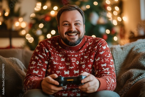 Joyful man in festive sweater plays video games by Christmas tree. photo