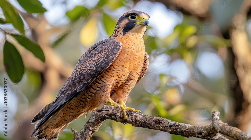 A brown and tan falcon perched on a branch in a forest. A brown and tan falcon perched on a branch in a forest.