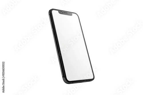 A stylish smartphone standing upright with a blank white display, positioned slightly tilted to emphasize the sleek design, ideal for business-related visuals