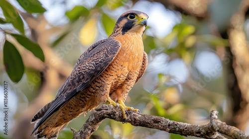 A brown and tan falcon perched on a branch in a forest. photo