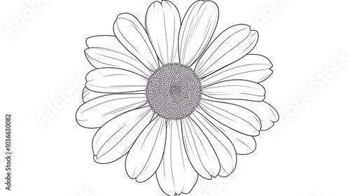 Cartoon outline of a single daisy with a circular center and long petals, minimalist design for a kids' coloring page