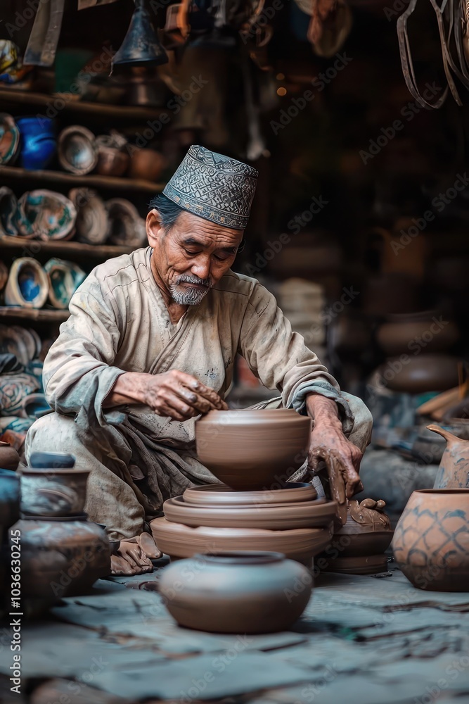 A potter's work depicted playfully, showcasing the fun aspect of pottery making. A potter's work depicted playfully, showcasing the fun aspect of pottery making.