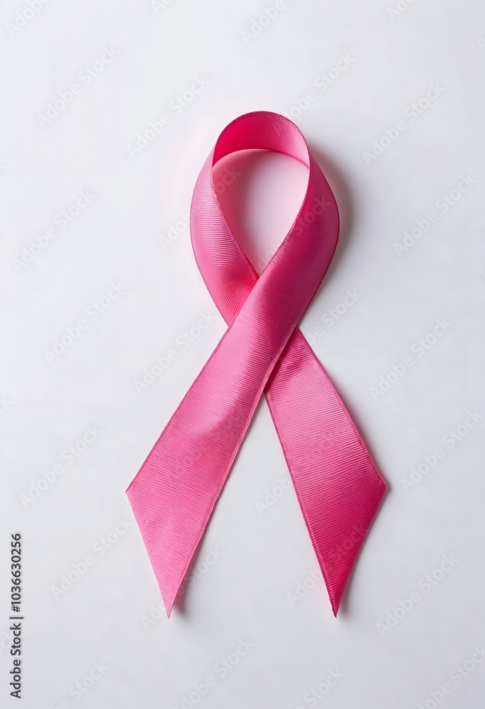Pink ribbon symbolizing breast cancer awareness on a plain white background. Pink ribbon symbolizing breast cancer awareness on a plain white background.
