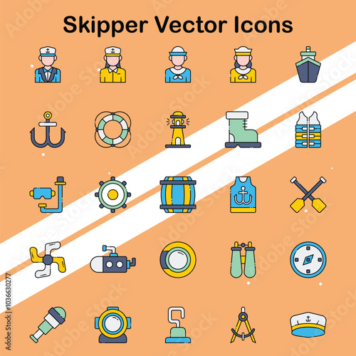 Collection of skipper icons representing boat navigation and maritime tools perfect for nautical and adventure themes.