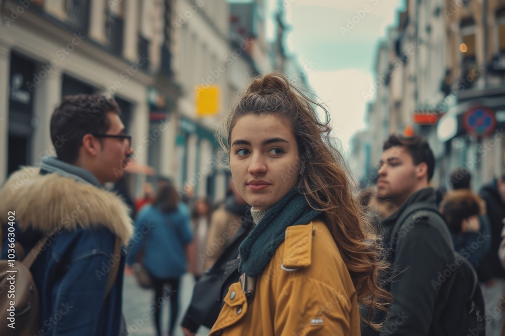 young beautiful hipster woman in the city streets of european city young beautiful hipster woman in the city streets of european city
