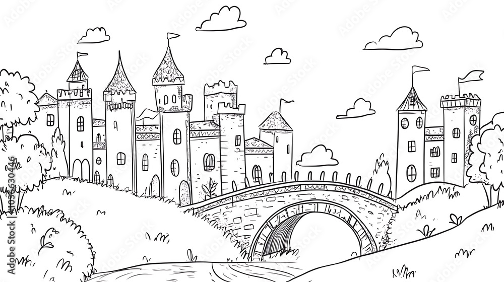 Fototapeta premium Cartoon outline of a whimsical castle with a small bridge and round towers, minimalist style for kids' coloring page