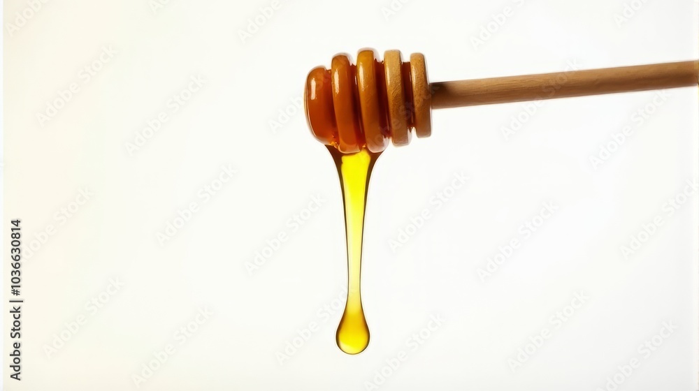 Single Elongated Droplet of Golden Honey Gently Dripping From a Wooden Dipper Against a Clean Isolated White Background. Single Elongated Droplet of Golden Honey Gently Dripping From a Wooden Dipper Against a Clean Isolated White Background.