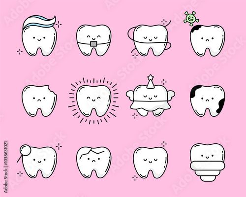 Character Teeth Big Set. Healthy and diseased teeth. Collection of teeth with different emotions. Funny healthy molars with happy and sad faces. Implant, Braces, Crown, Tooth with Caries, Crack