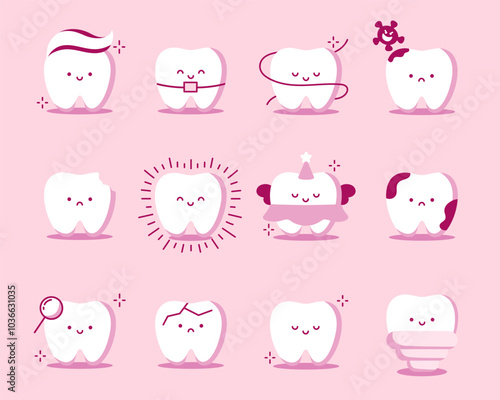 Big Set of funny cartoon tooth. Kawaii mascot collection. Healthy and diseased teeth. Collection of teeth with different emotions. Templates for pediatric dentistry, for websites and social media.
