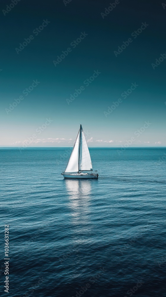 Obraz premium Solitary sailboat in endless ocean, light reflection