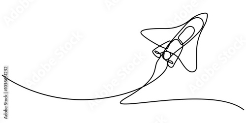 One continuous editable line drawing of a retro spaceship flying upwards. Rocket of a spaceship being launched into space. Single line drawing vector graphic illustration, Rocket one line. Vector