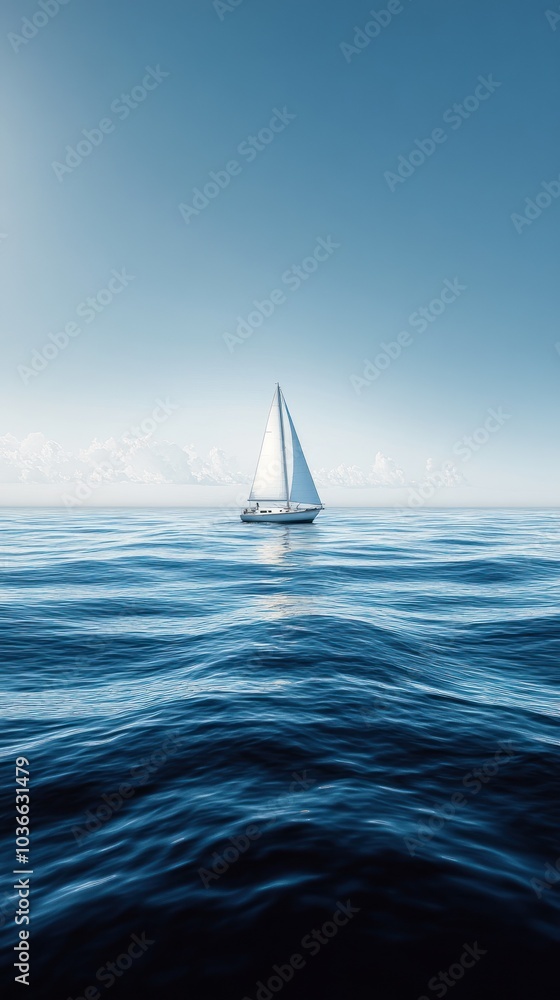 Obraz premium Lonely sailboat floats on endless ocean under sky