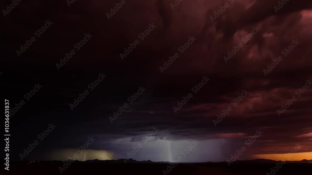 4K Time lapse, Spectacular thunderstorm lightning strikes dark night red shine at sunset 4K Time lapse, Spectacular thunderstorm lightning strikes dark night red shine at sunset
