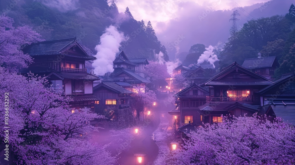 Serene Evening in Ancient Japanese Village - Village Landscape at Dusk with Cherry Blossoms, Smoke Rising, and Warm Lights, Ultra-Detailed Photography Serene Evening in Ancient Japanese Village - Village Landscape at Dusk with Cherry Blossoms, Smoke Rising, and Warm Lights, Ultra-Detailed Photography