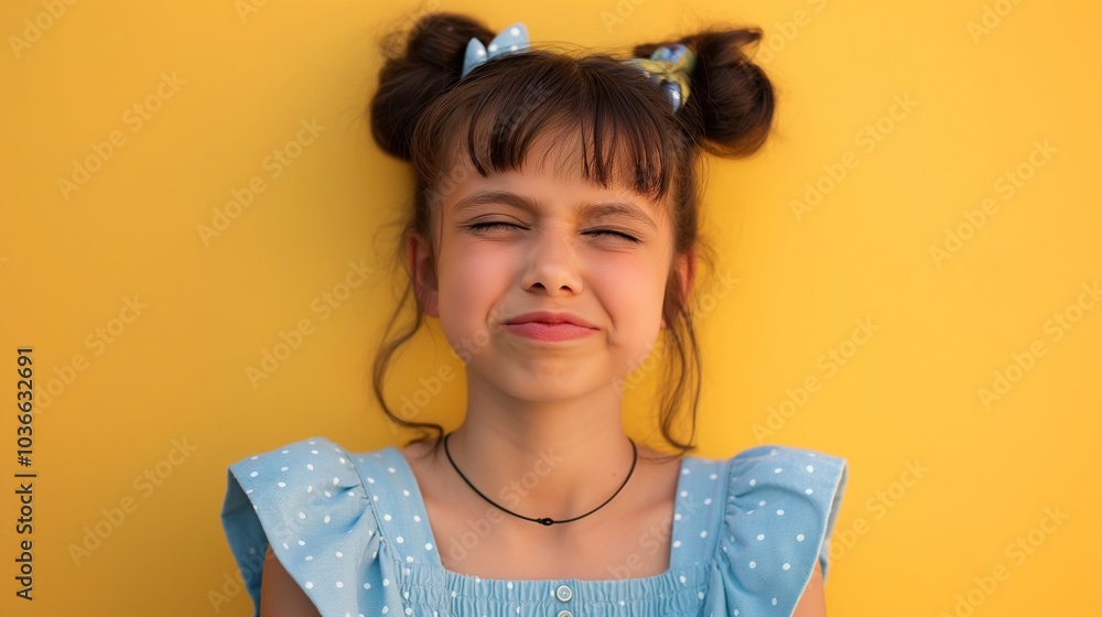 a cute girl with pigtails making a silly face while wearing a blue dress, set against a bright yellow background a cute girl with pigtails making a silly face while wearing a blue dress, set against a bright yellow background