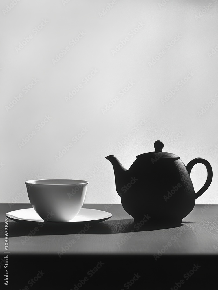 A peaceful setting displays a black tea kettle beside a white cup on a table, emphasizing simplicity and tranquility in tea enjoyment. Generative AI A peaceful setting displays a black tea kettle beside a white cup on a table, emphasizing simplicity and tranquility in tea enjoyment. Generative AI