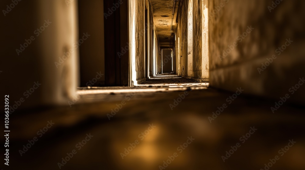 Perspective of a dimly lit corridor with textured walls and glowing light, ideal for conveying mystery or abandonment themes.