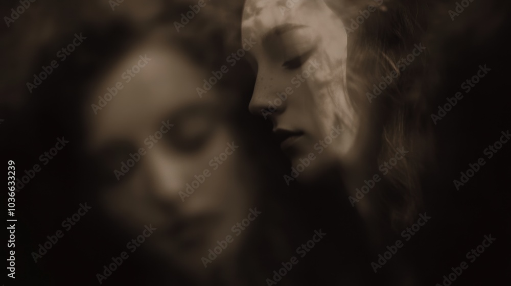 Soft Focus Portraits: Dreamy, ethereal images of two women's faces blending in muted tones, perfect for artistic projects and emotional themes. Soft Focus Portraits: Dreamy, ethereal images of two women's faces blending in muted tones, perfect for artistic projects and emotional themes.