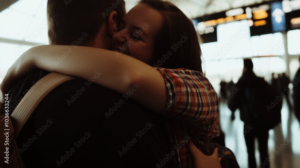 Emotional Reunion: A couple embraces at an airport, capturing warmth and love amidst a bustling background. Ideal for love stories. Emotional Reunion: A couple embraces at an airport, capturing warmth and love amidst a bustling background. Ideal for love stories.