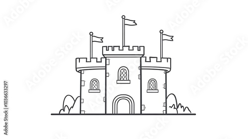 Minimalist design of a castle with small windows and flags on the towers, drawn in simple cartoon outlines for kids to color