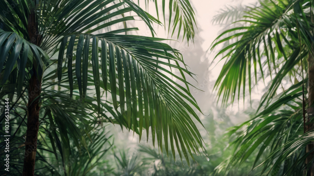 Fototapeta premium Lush Green Palm Leaves in a Misty Setting