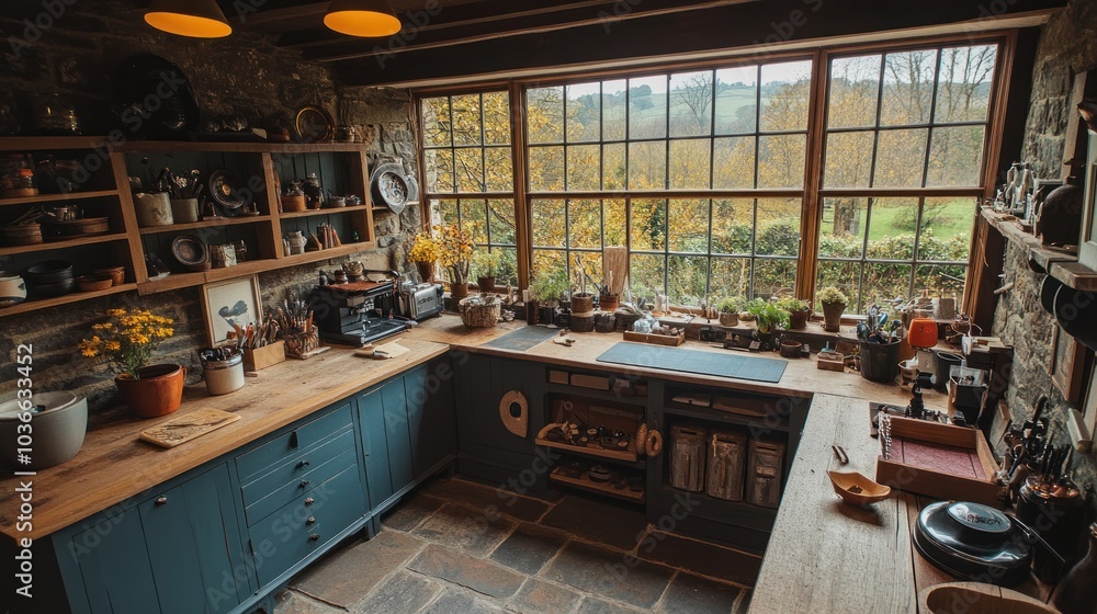 Rustic kitchen with a wooden countertop and a view of a green valley. Rustic kitchen with a wooden countertop and a view of a green valley.