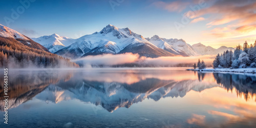 serene frozen lake reflects snow capped mountains in soft pastel hues, creating tranquil and picturesque landscape at sunrise. gentle mist adds to beauty of this natural scene