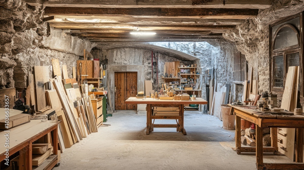 A workshop with tools, wood, and a workbench in an old stone building. A workshop with tools, wood, and a workbench in an old stone building.