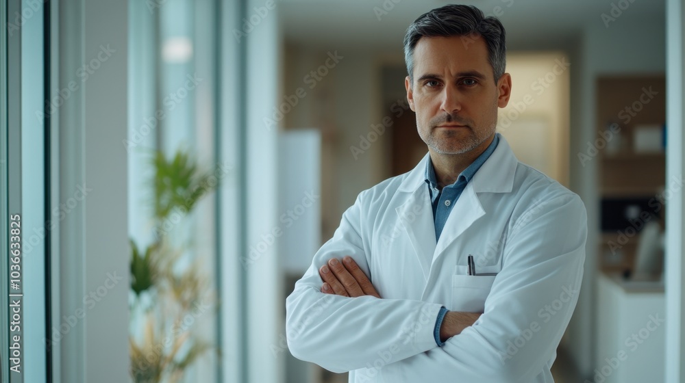 Serious doctor in a white coat with crossed arms standing confidently in front of a bright office, looking at the camera, daylight Serious doctor in a white coat with crossed arms standing confidently in front of a bright office, looking at the camera, daylight