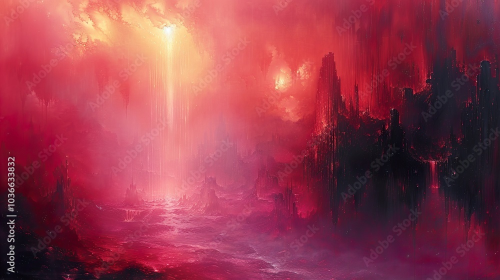 Fototapeta premium Red Sky Over a Dark City - A Fantasy Landscape