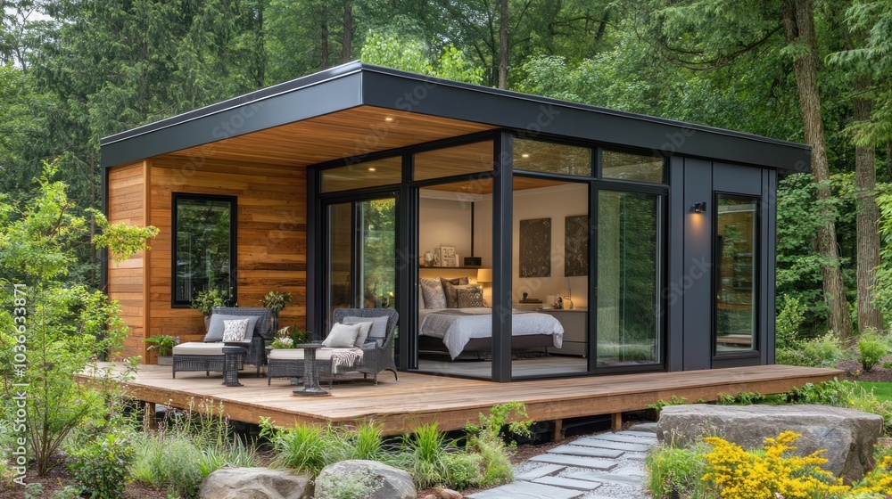 Modern cabin with a wooden deck and patio furniture in a lush forest setting. Modern cabin with a wooden deck and patio furniture in a lush forest setting.