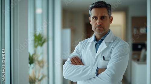 Serious doctor in a white coat with crossed arms standing confidently in front of a bright office, looking at the camera, daylight