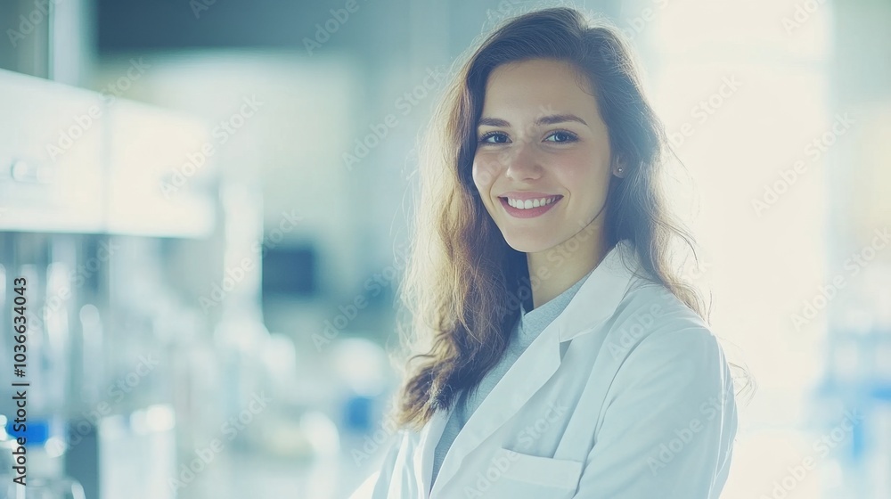 Fototapeta premium A beautiful young woman scientist in a white lab coat, smiling confidently against a softly blurred background of a laboratory. The image captures her professionalism and passion for science.