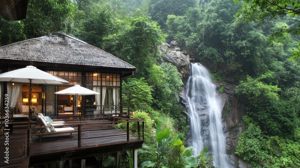 A wooden cabin with a deck overlooking a waterfall in a lush green rainforest. A wooden cabin with a deck overlooking a waterfall in a lush green rainforest.