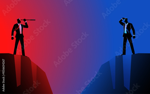 Two businessmen observes each other from opposite cliffs, one using a telescope and the other shielding his eyes, concepts of competition, strategy, market competition, or rivalry in business 