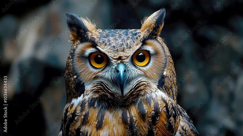 A close-up portrait of an owl with piercing yellow eyes staring directly at the camera.