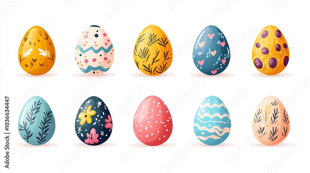 Charming collection of Easter eggs in flat design style displayed on a bright white background Each egg showcases different pastel colors and patterns perfect for holiday decorations or cards Charming collection of Easter eggs in flat design style displayed on a bright white background Each egg showcases different pastel colors and patterns perfect for holiday decorations or cards