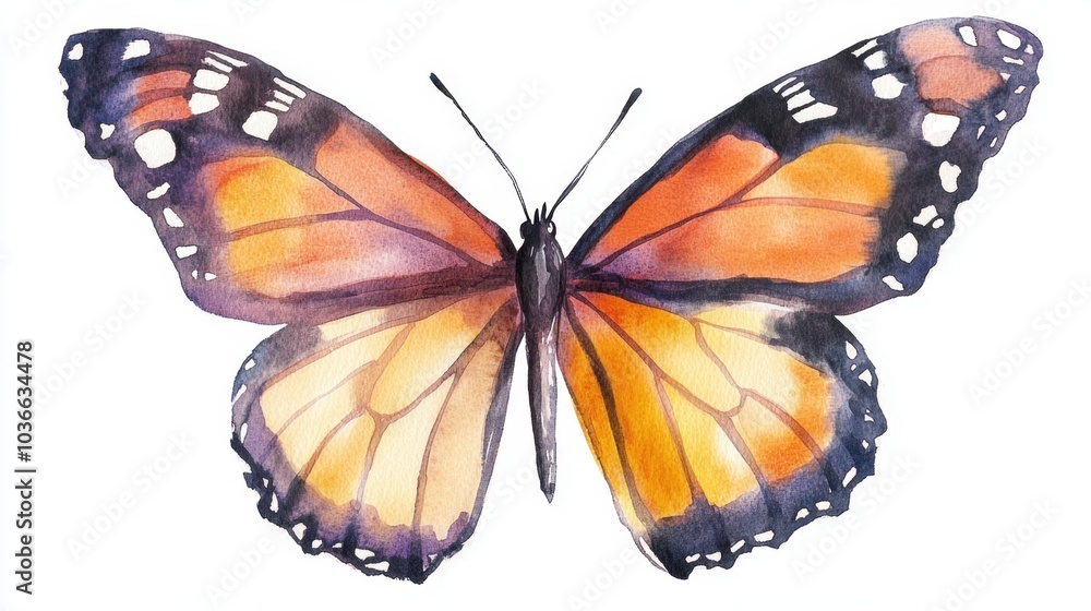 Obraz premium Beautiful watercolor illustration of an orange and black butterfly, resembling a monarch, perfect for Halloween. isolated on white background