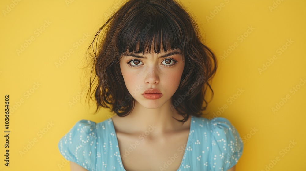 a beautiful young woman with bob haircut, wearing a blue dress, against a yellow background a beautiful young woman with bob haircut, wearing a blue dress, against a yellow background