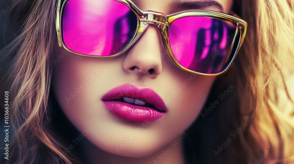 Fashion Portrait: Close-up of a woman with stylish pink sunglasses, glossy lips, and wavy hair, ideal for beauty and lifestyle themes. Fashion Portrait: Close-up of a woman with stylish pink sunglasses, glossy lips, and wavy hair, ideal for beauty and lifestyle themes.