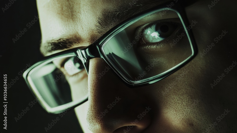 Close-up of a man in glasses, highlighting intense gaze and reflections; ideal for tech or professional themes. Close-up of a man in glasses, highlighting intense gaze and reflections; ideal for tech or professional themes.