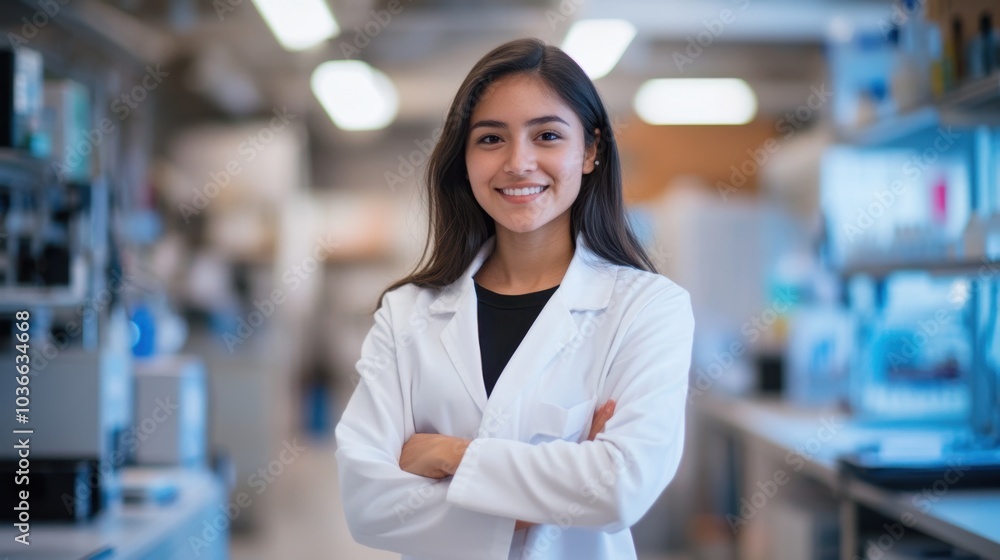 Fototapeta premium A vibrant image of a young woman scientist in a white coat, standing with arms crossed and a friendly smile. The background is softly blurred, a modern lab filled with scientific equipment.
