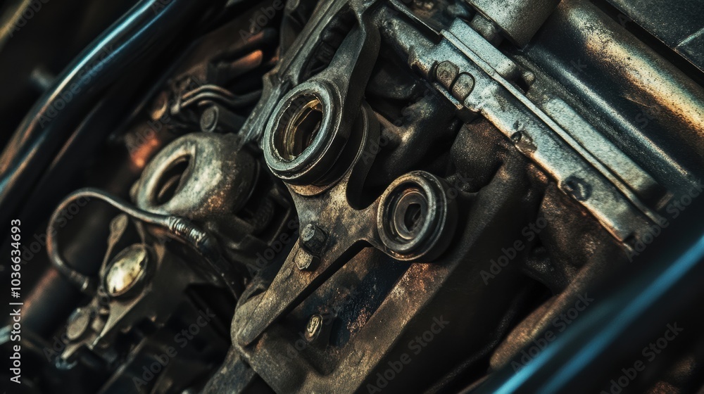 Fototapeta premium Close-Up of a Vintage Engine Component: Detailed metal parts showcasing rust and wear for automotive design and repair use.