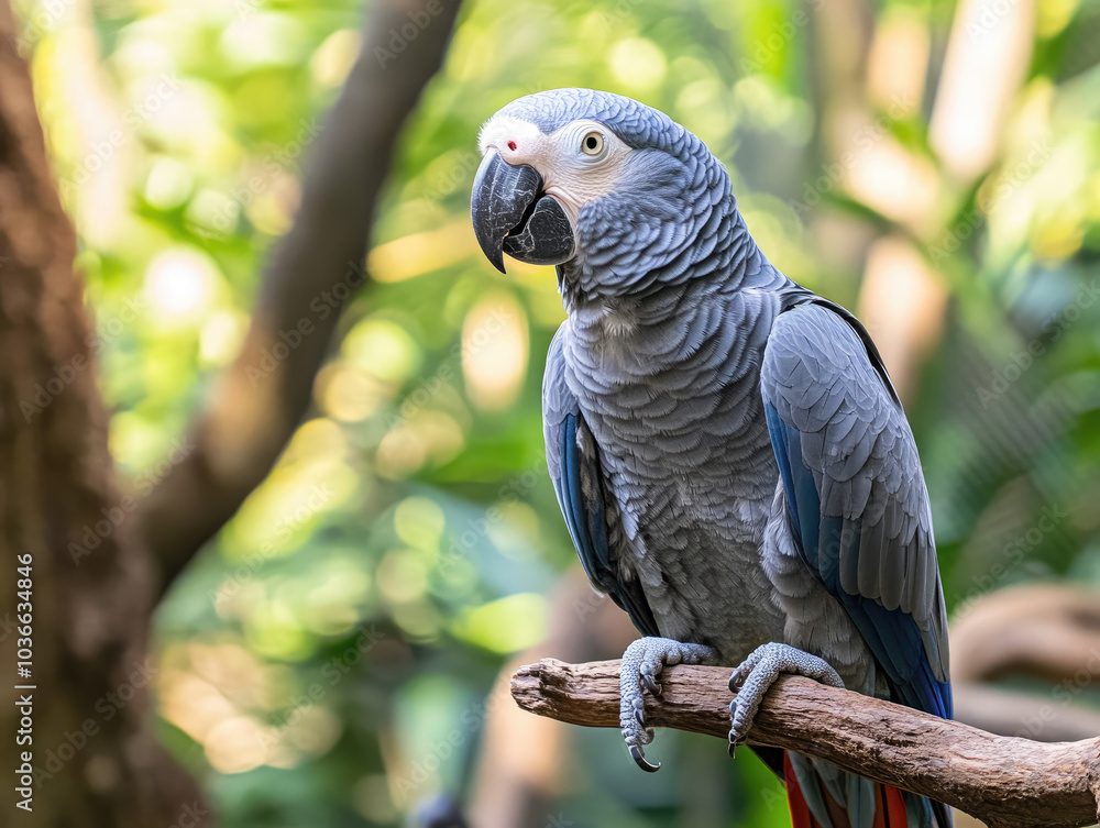 Fototapeta premium African Grey Parrot Mimicking Sounds, Captured in a Moment of Interaction