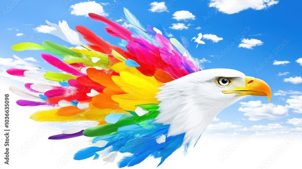 Fototapeta premium Colorful Feathers Eagle Head Against Blue Sky