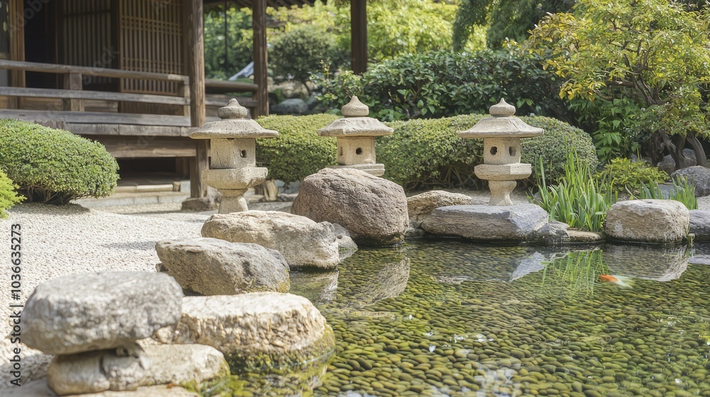 Serene Zen Garden Oasis in Ancient Japan with Koi Pond and Tea House Serene Zen Garden Oasis in Ancient Japan with Koi Pond and Tea House