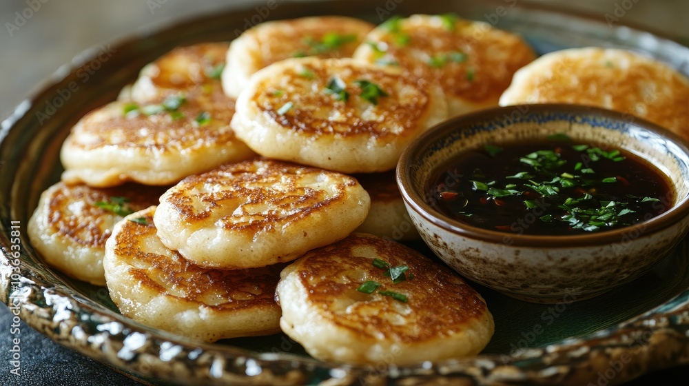 A unique take on pancakes: soy sauce and caramelized onions on fluffy rounds, set on a decorative plate with a bowl of dipping sauce in view. A unique take on pancakes: soy sauce and caramelized onions on fluffy rounds, set on a decorative plate with a bowl of dipping sauce in view.